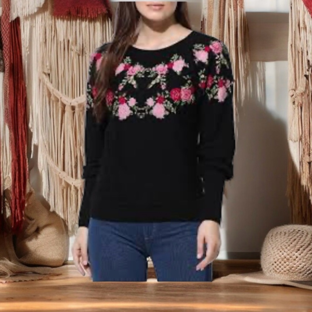 VTG WoolBlend Black Long Sleeve Knit Sweater W/Multi-Floral Embroidery-EUC Sz S - Picture 9 of 16